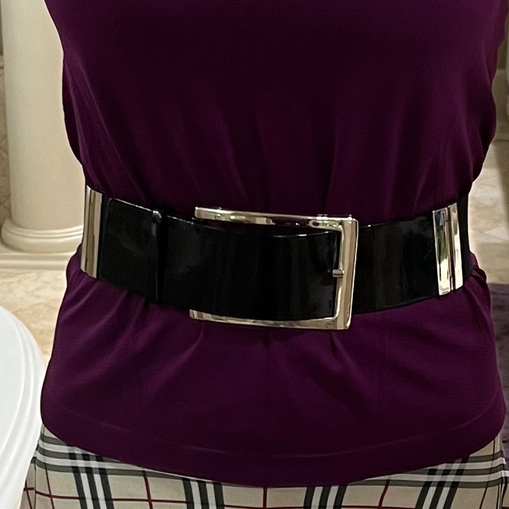 Suzi Roher Black Patent Leather Belt | Silver Buckle | Modern Waist Belt
